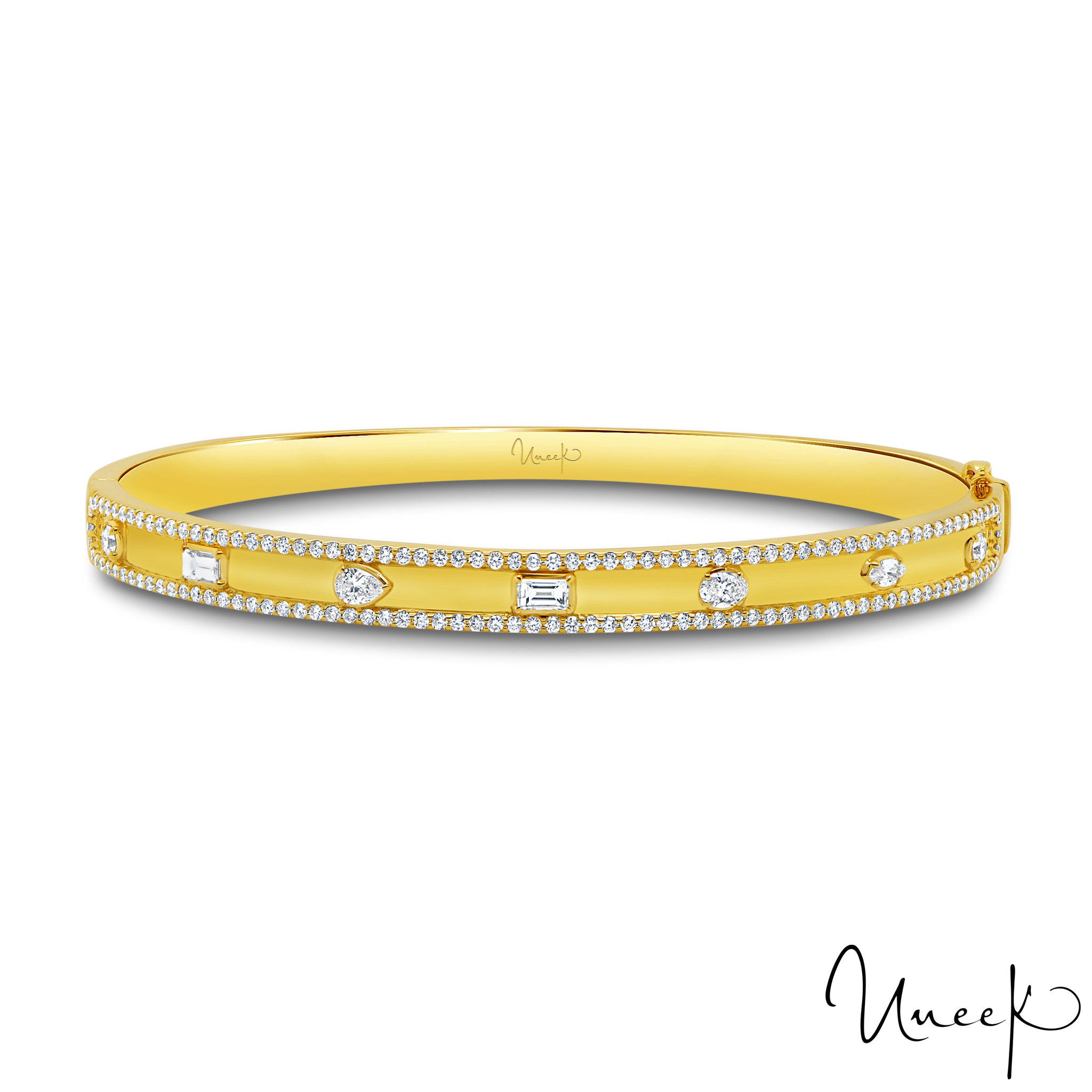 Uneek 18K Fancy Shape Diamond Bezel Set with Diamond Border Bangle