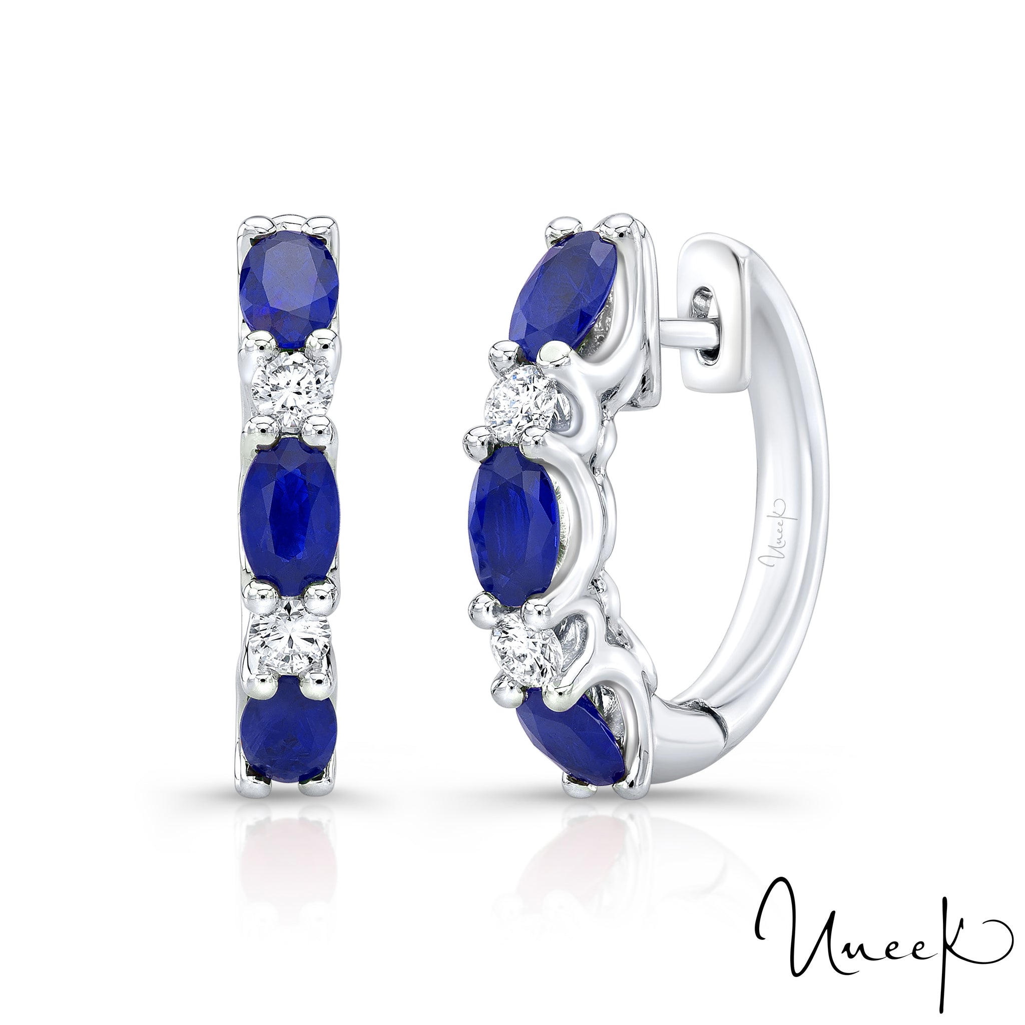 Uneek - Boucles d'oreilles saphir bleu ovale et diamant 18KW