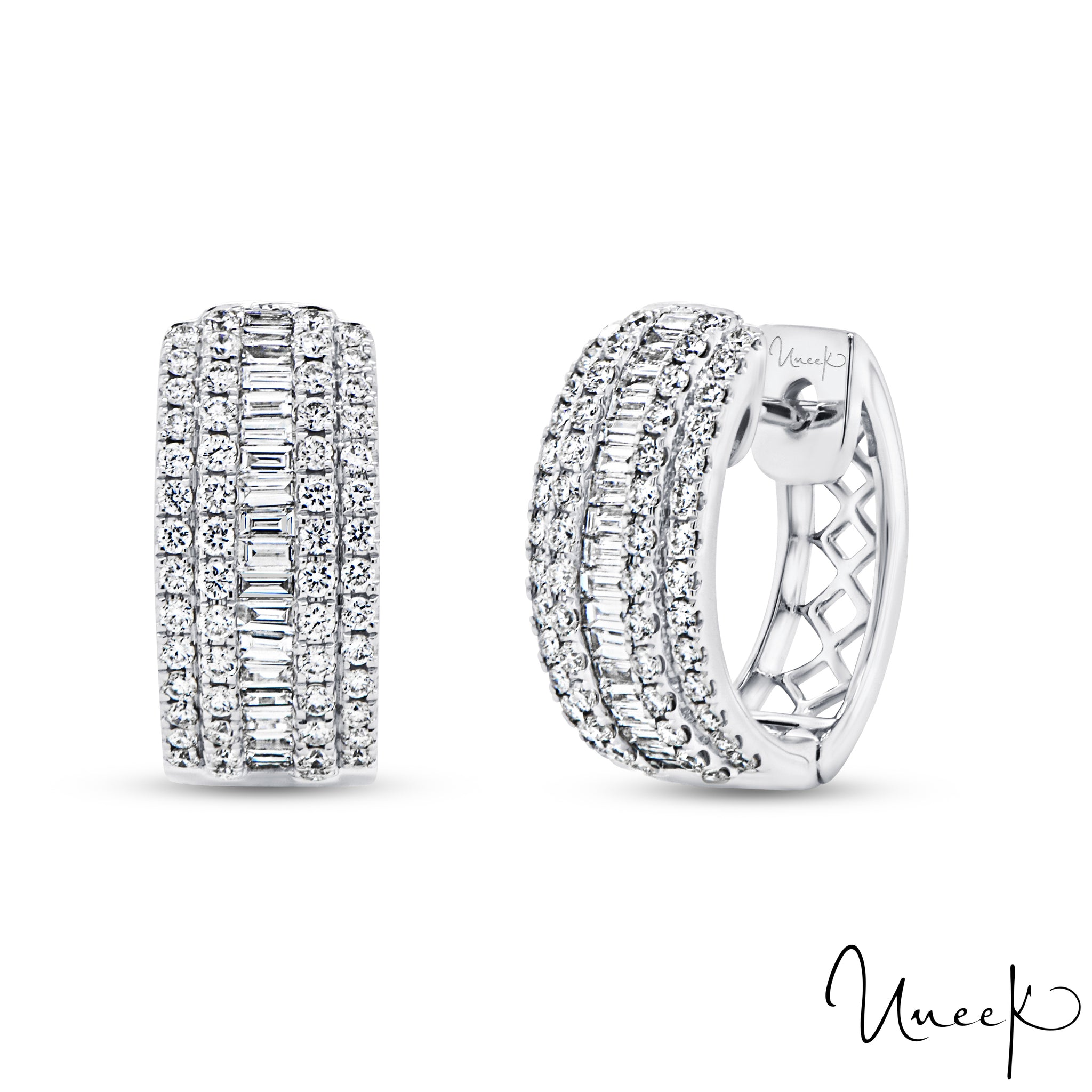 Uneek - Boucles d'oreilles à cinq rangs de diamants baguettes et ronds 18K