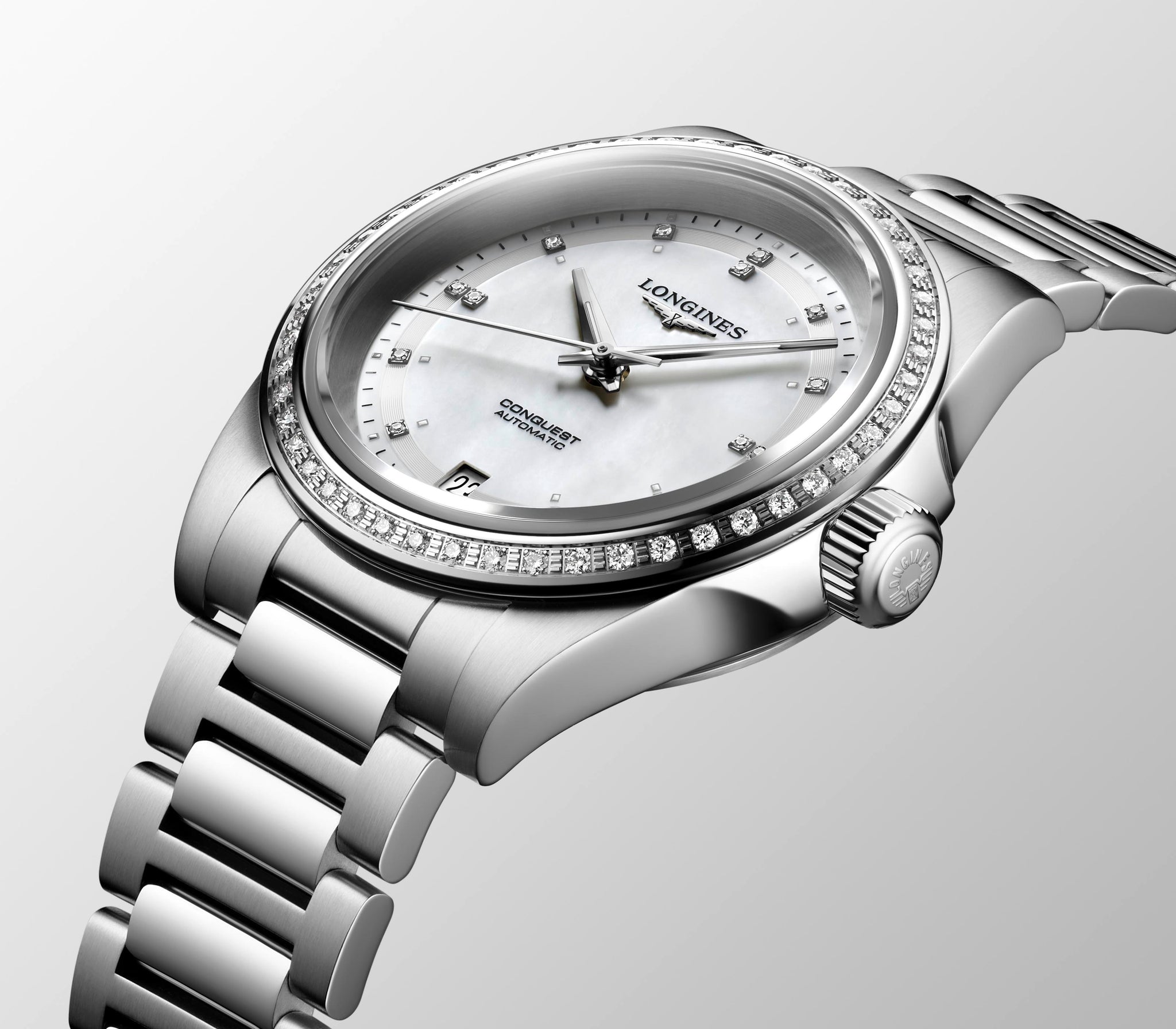 Longines Conquest Automatic (Cadran blanc / 34mm / Lunette diamant)