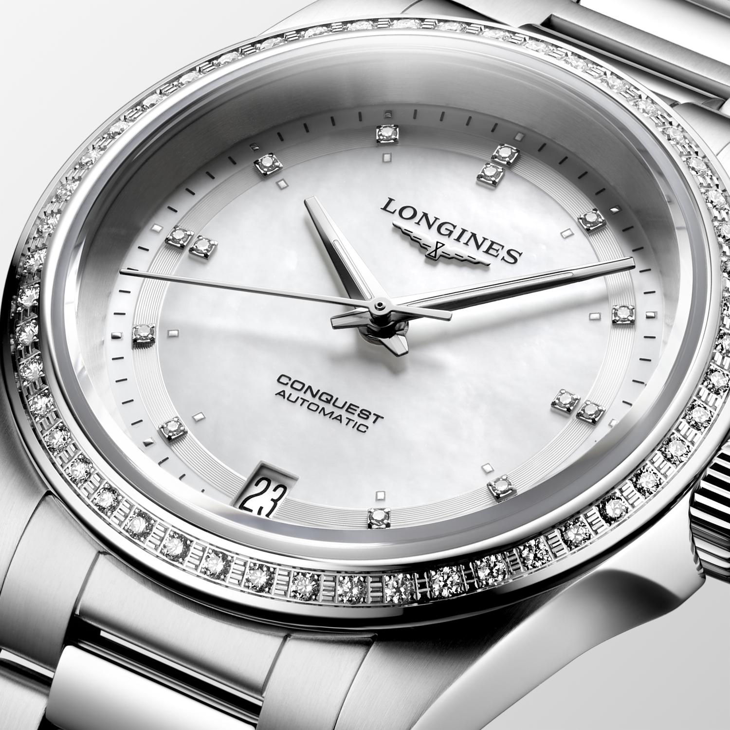 Longines Conquest Automatic (Cadran blanc / 34mm / Lunette diamant)