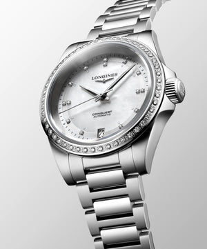 Longines Conquest Automatic (Cadran blanc / 34mm / Lunette diamant)