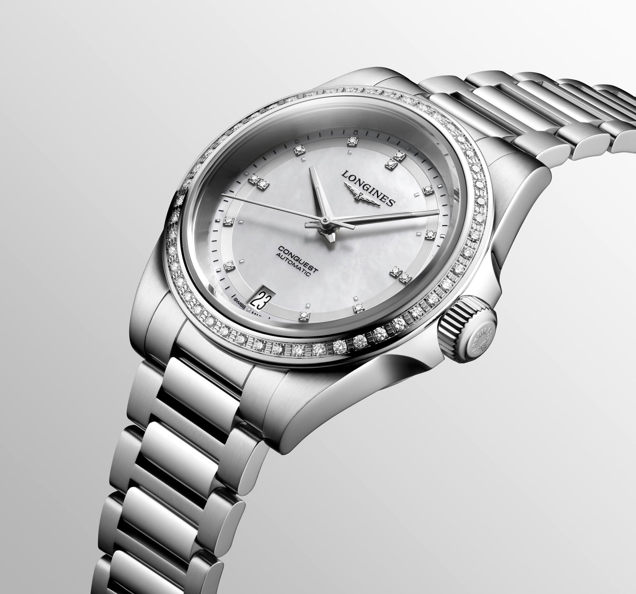 Longines Conquest Automatic (Cadran blanc / 34mm / Lunette diamant)