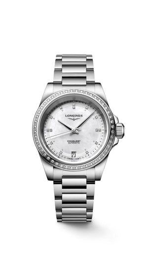 Longines Conquest Automatic (Cadran blanc / 34mm / Lunette diamant)