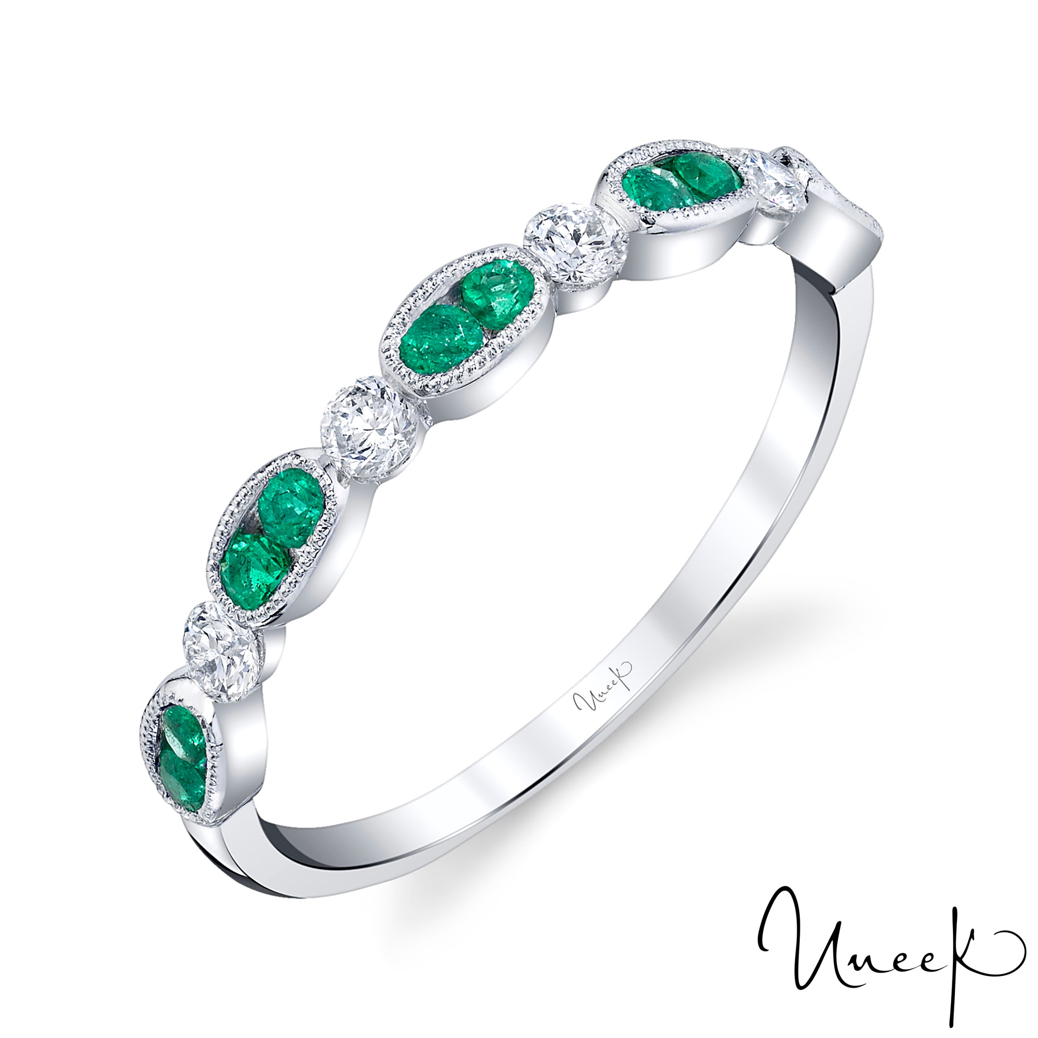 Uneek 14KW Green Emerald & Diamond Half Eternity Band