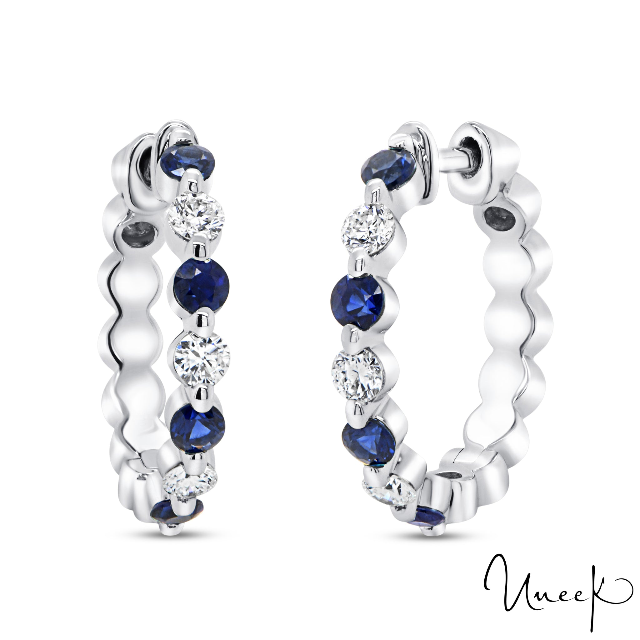 Uneek 14KW Blue Sapphire & Diamond Medium Huggy Earrings (boucles d'oreilles de taille moyenne avec saphir bleu et diamant)