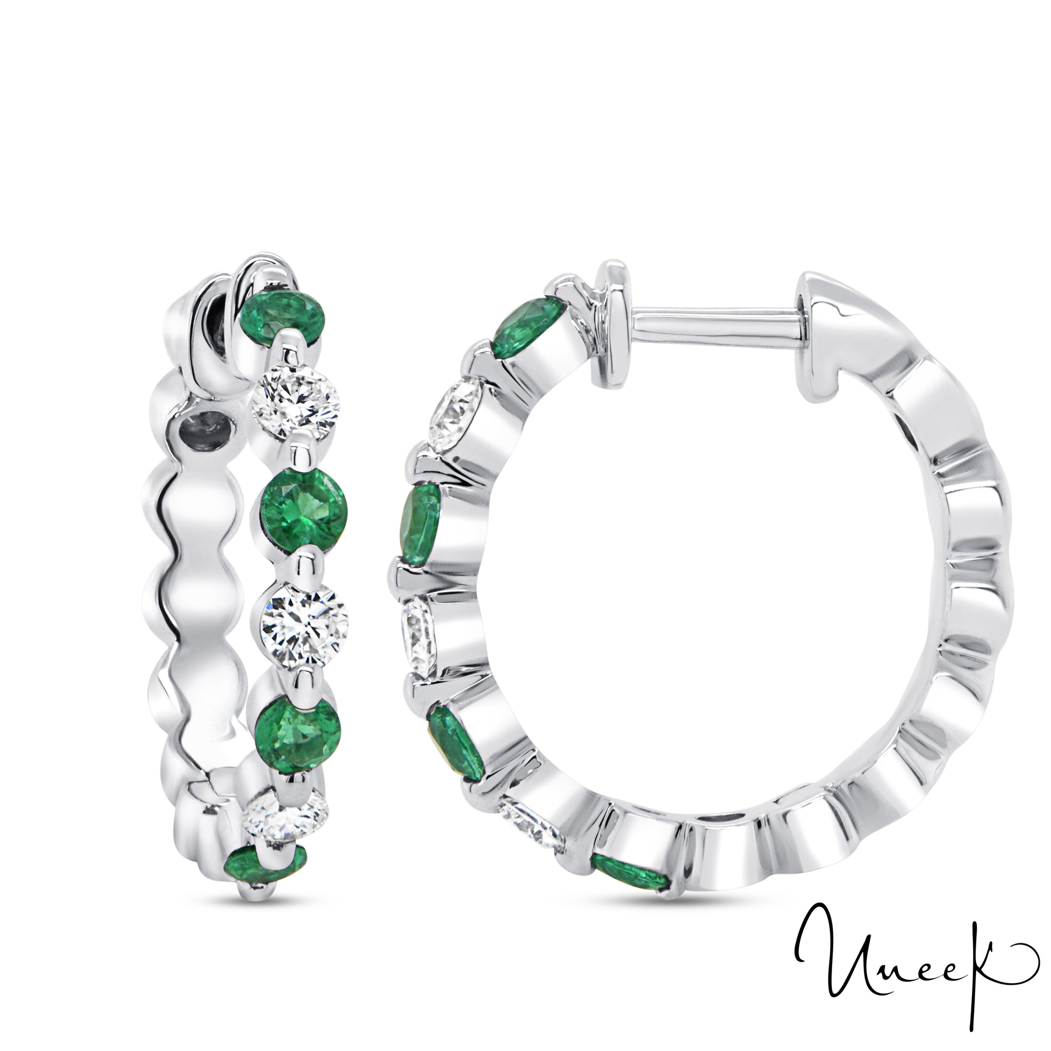 Uneek 14KW Green Emerald & Diamond Medium Huggy Earrings (boucles d'oreilles de taille moyenne)