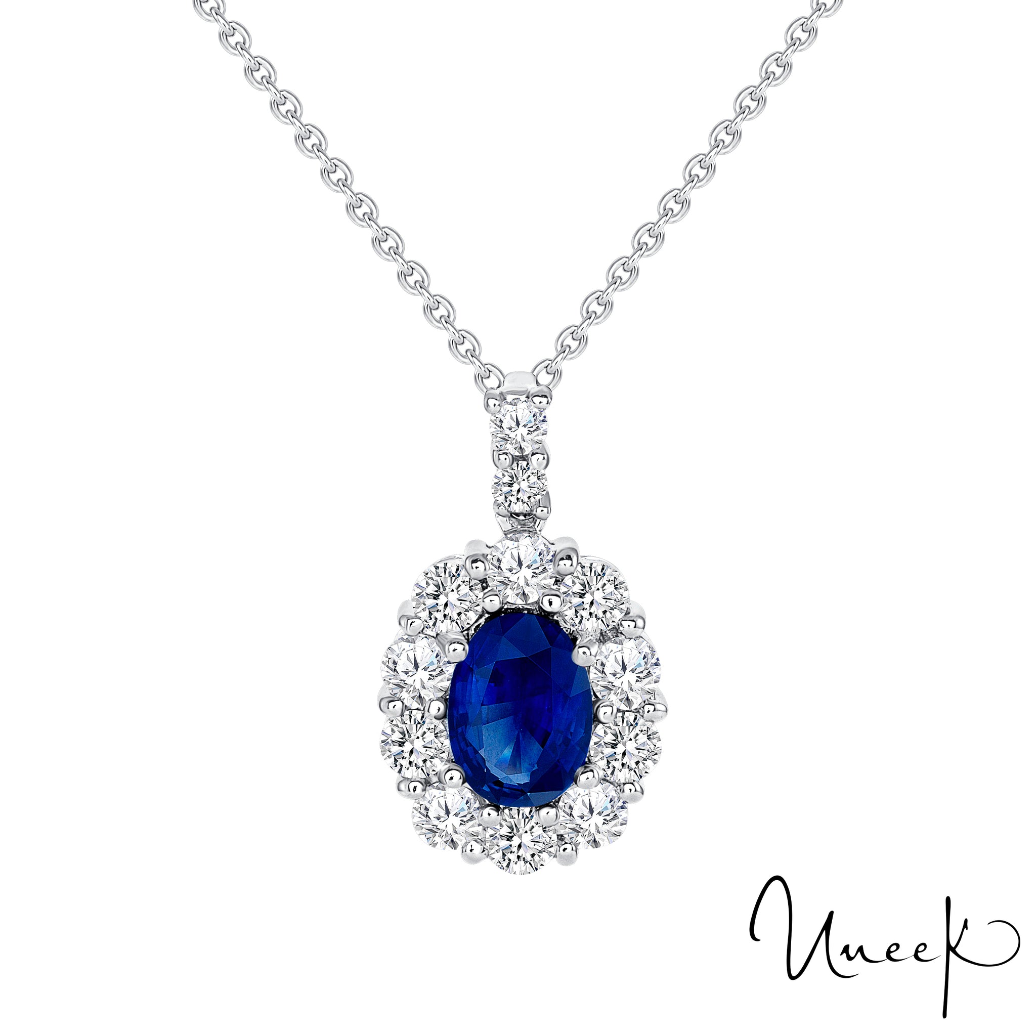 Uneek Pendentif Halo en saphir bleu ovale et diamant 18KW