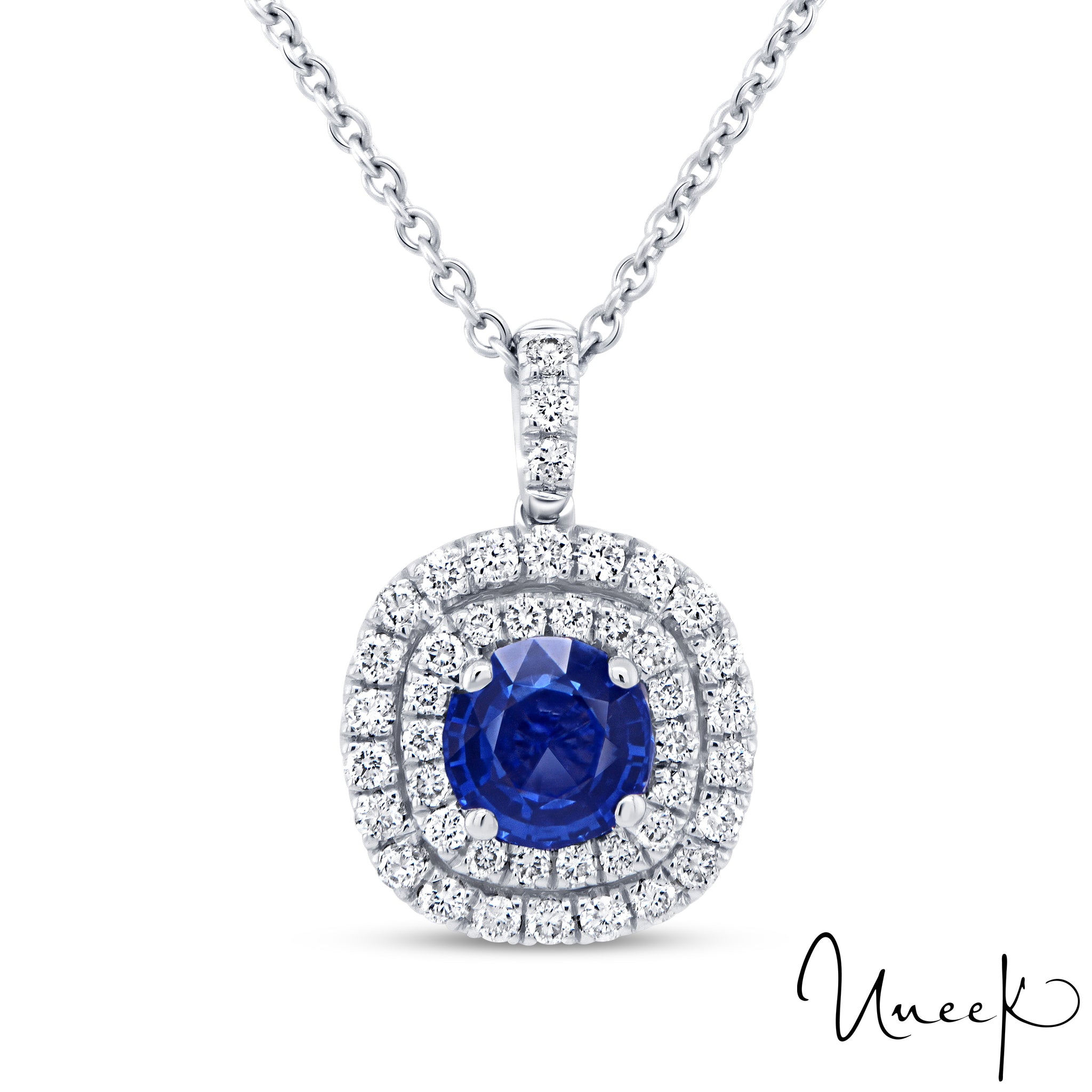 Uneek 14K - Pendentif Halo à double rangée de saphirs bleus ronds et de diamants