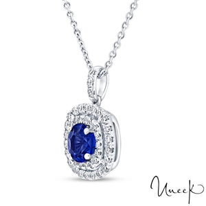 Uneek 14K - Pendentif Halo à double rangée de saphirs bleus ronds et de diamants