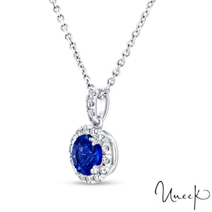 Uneek 14KW Pendentif halo saphir bleu rond et diamant