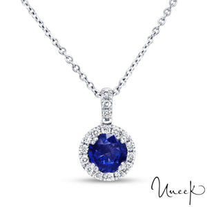 Uneek 14KW Pendentif halo saphir bleu rond et diamant