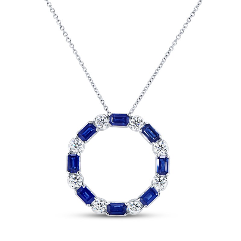 Uneek 18KW Emerald Cut Blue Sapphire & Round Diamond Circle of Life Pendentif