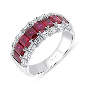 Uneek 18KW Emerald Cut Ruby & Diamond Anniversary Ring (bague d'anniversaire rubis et diamant)