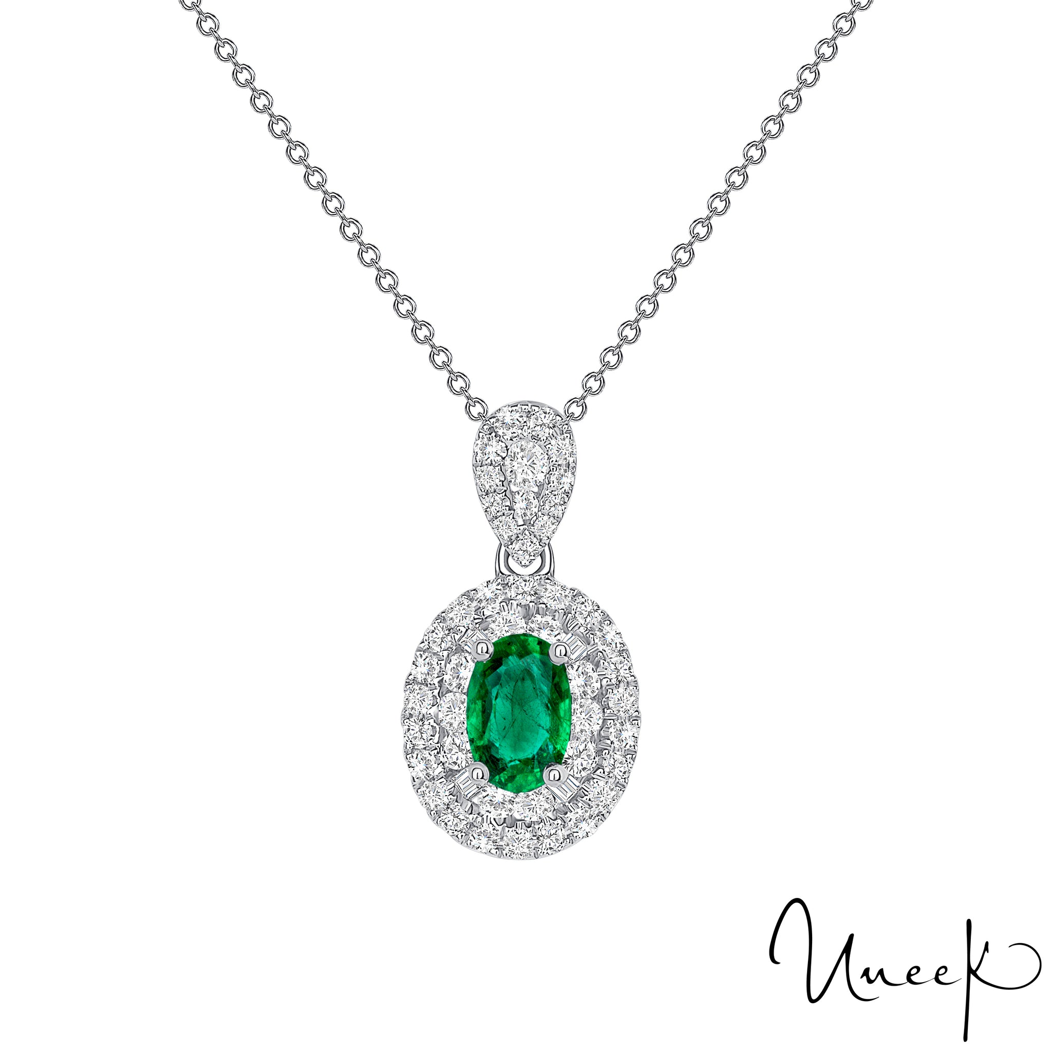 Uneek 18K Pendentif double rangée de halo ovale en émeraude verte et diamant