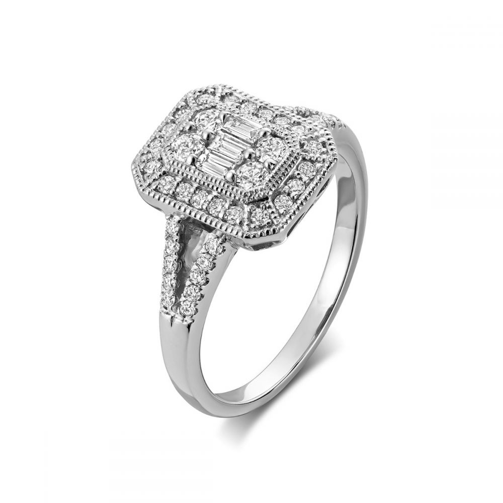 Bague de fiançailles à tige fendue et halo en diamant de la collection Hemsleys 14K Illusion Set