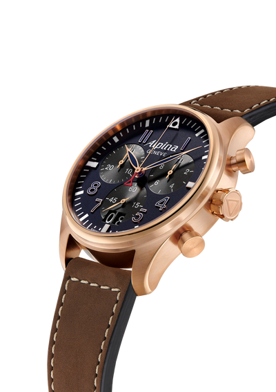 Alpina Startimer Pilot Big Date Chronograph Quartz (cadran bleu foncé / 44mm / boîtier en or rose)
