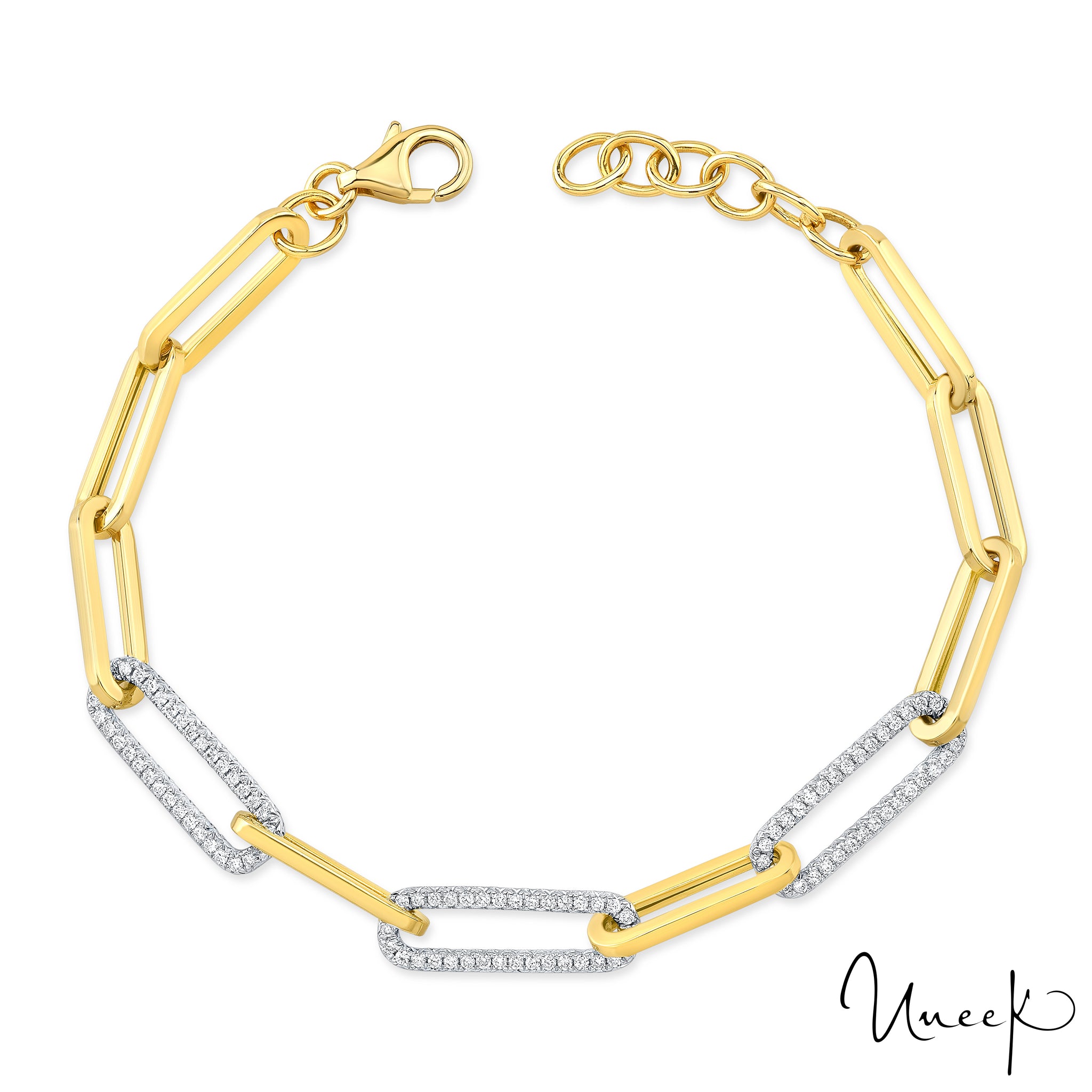 Uneek 18K Legacy Paperclip & Three Diamond Paperclip Bracelet