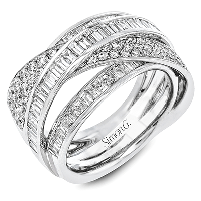 Bague Simon G en or blanc 18 carats avec baguette haute-langue et diamant de fantaisie rond