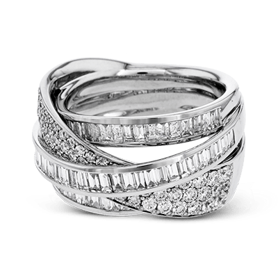 Bague Simon G en or blanc 18 carats avec baguette haute-langue et diamant de fantaisie rond