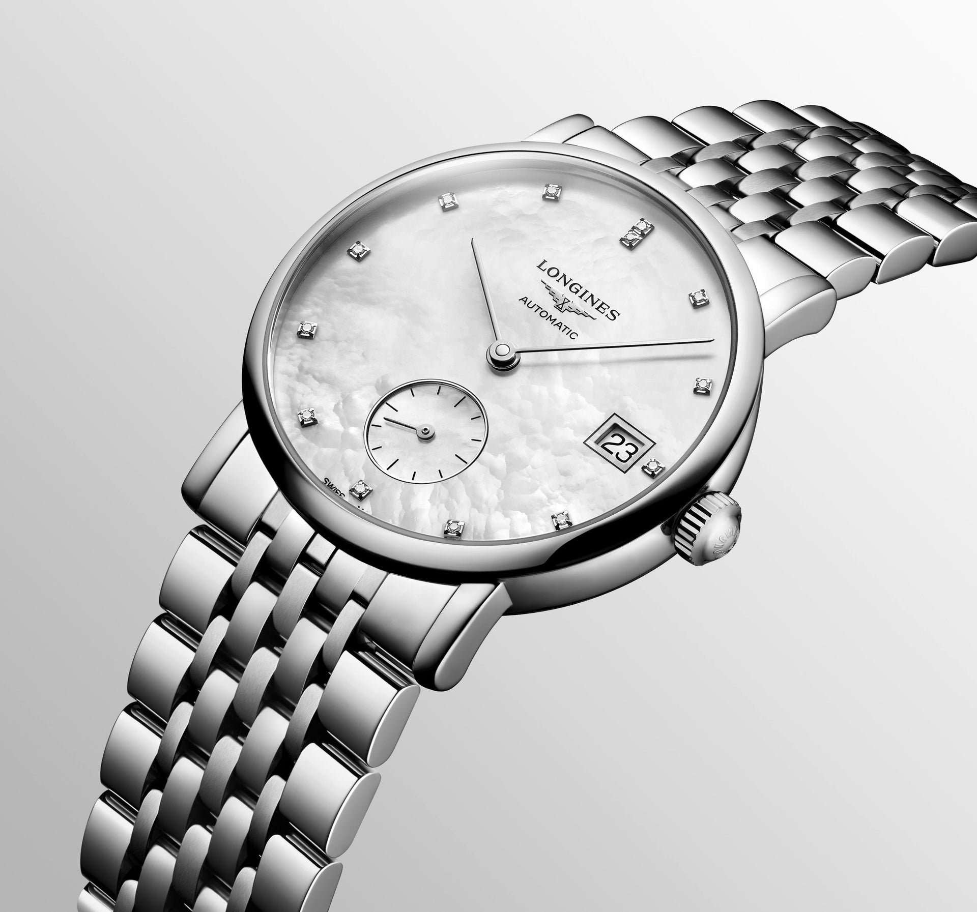 Longines Elegant Automatic (Cadran blanc MOP / 34mm / Index diamant)