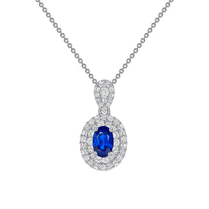 Pendentif ovale 18K en saphir bleu et diamant double rangée