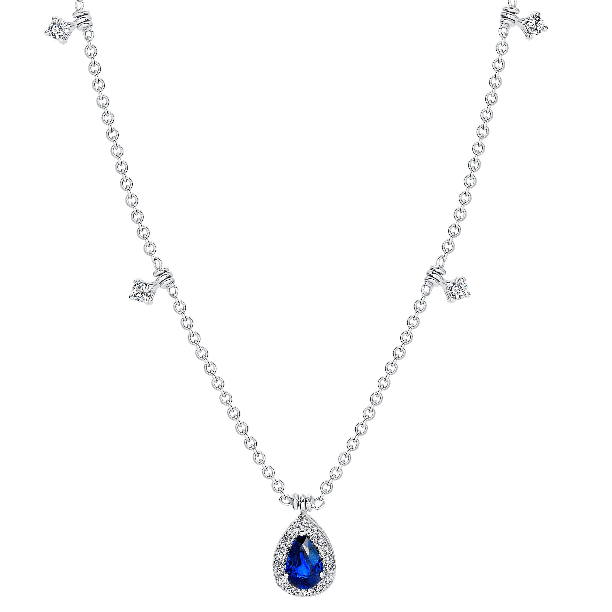 Pendentif en forme de poire 18 carats avec halo en saphir bleu et diamants