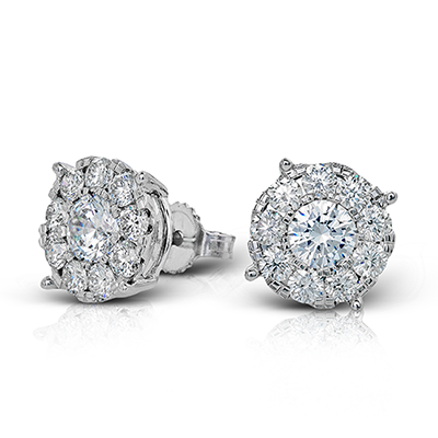 Simon G - Clous d'oreilles en or blanc 18 carats, sertis de diamants ronds à effet d'illusion