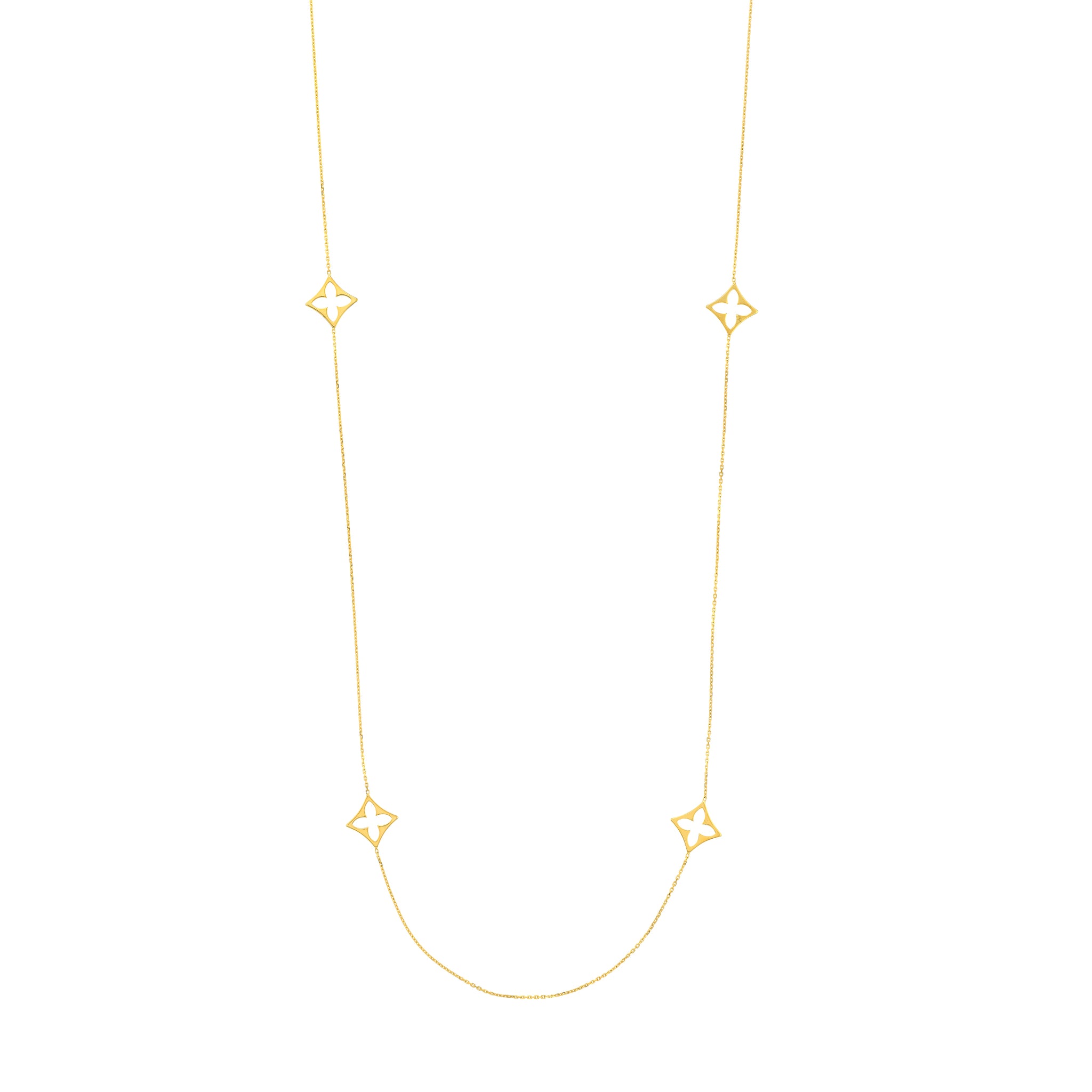 Collier long en or jaune 14K avec trèfle à huit stations, collection Hemsleys