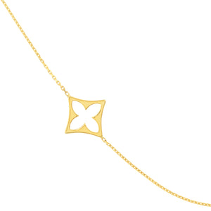 Collier long en or jaune 14K avec trèfle à huit stations, collection Hemsleys