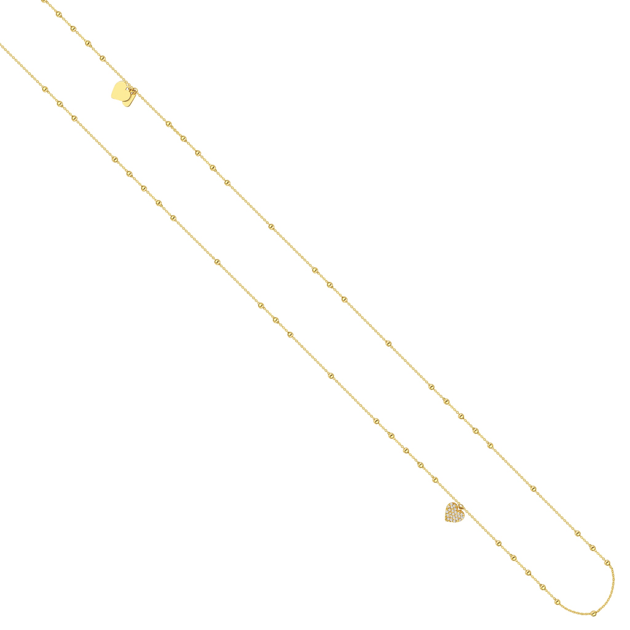 Collier de perles et de diamants à double cœur en or jaune 14 carats de la collection Hemsleys