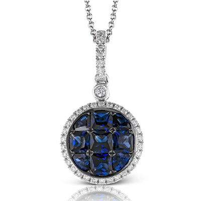 Simon G Pendentif en or blanc 18 carats avec saphir bleu et diamant en forme de halo, serti d'illusions