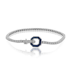 Bracelet de tennis Simon G en or blanc 18 carats, diamant et saphir bleu