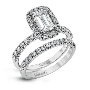 Simon G 18K Bague de fiançailles avec halo en diamant émeraude