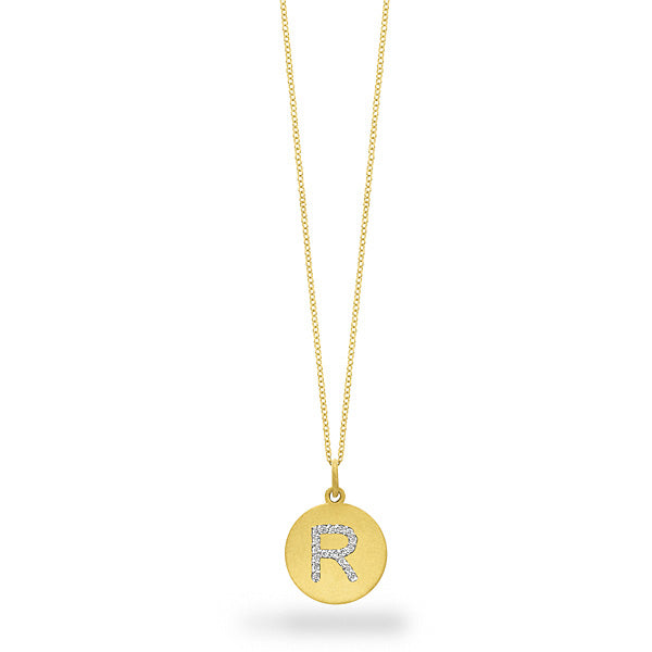 Collier initial de lettres de la collection Hemsleys, 14K, avec un grand disque en diamant