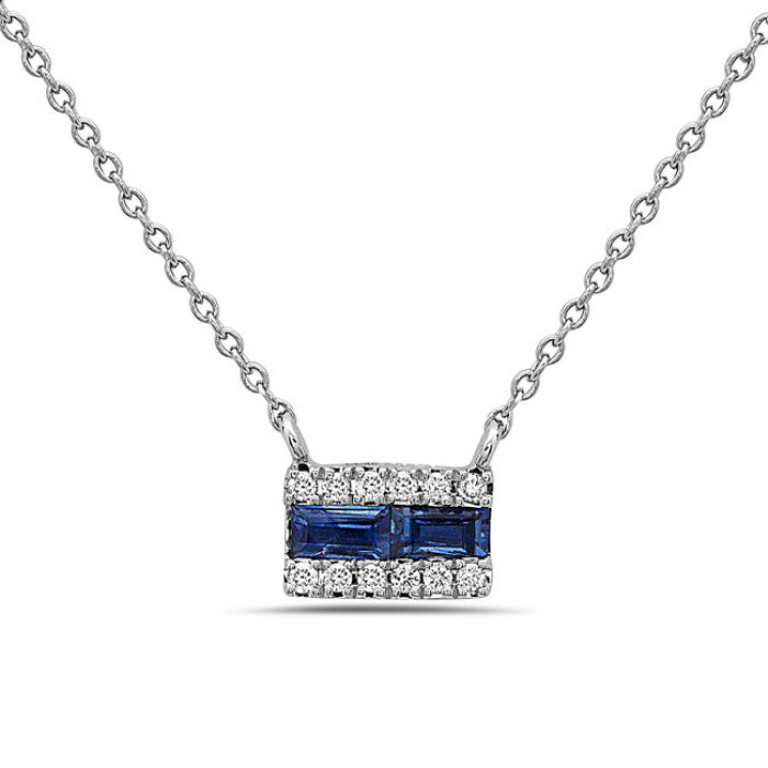 Hemsleys Collection 14K Collier mini-bar en saphir bleu et diamant taille baguette