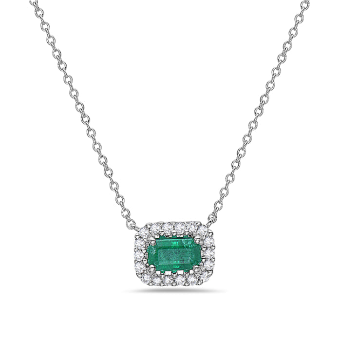 Hemsleys Collection 14K Est-Ouest Collier à halo d'émeraudes et de diamants taille émeraude