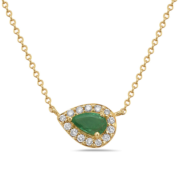 Collection Hemsleys - Collier 14K Est-Ouest avec émeraude en forme de poire et diamant en forme de halo.
