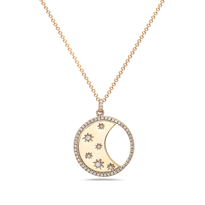 Pendentif médaillon demi-lune et étoiles en diamants 14K de la collection Hemsleys