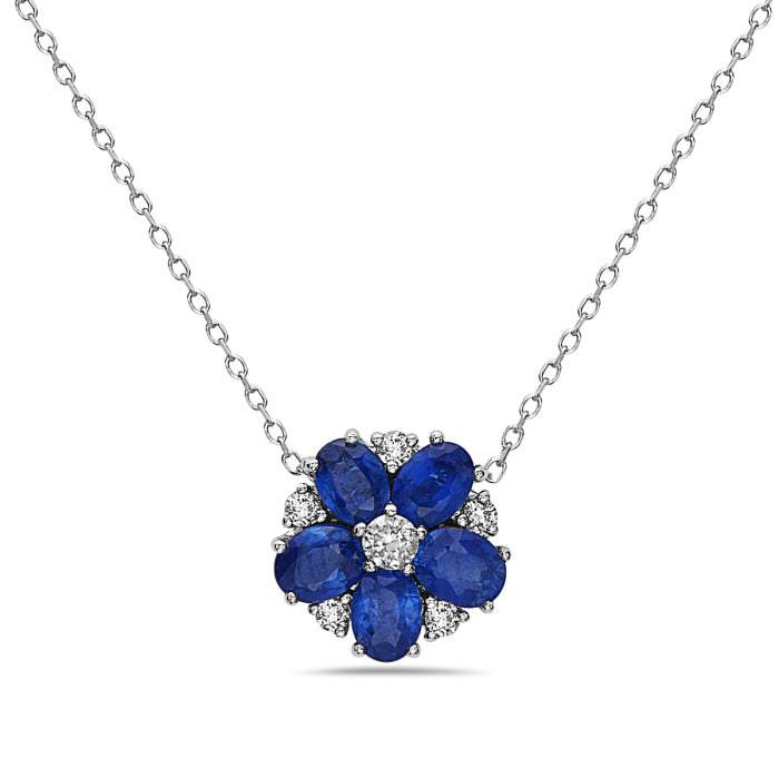 Pendentif en forme de fleur avec saphir bleu ovale et diamant, 14K, collection Hemsleys