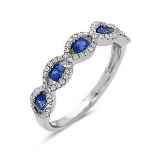 Hemsleys Collection Bague demi-éternité 18K à cinq pierres, saphir bleu rond et diamant ovale en forme de halo