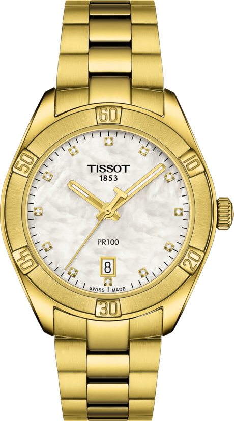 Tissot PR 100 Sport Chic Quartz (cadran blanc MOP Diamant / 36mm / Or jaune)