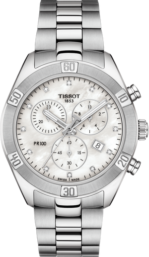 Chronographe à quartz Tissot PR 100 Sport Chic (cadran blanc MOP en diamant / 36mm)