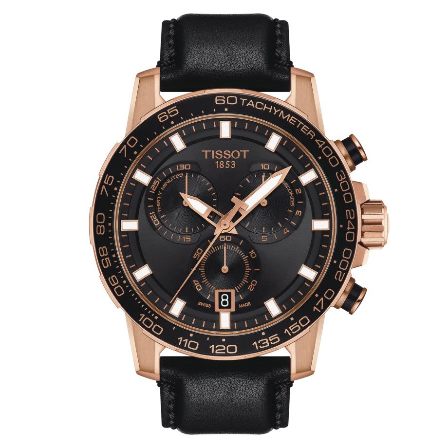 Chronographe à quartz Tissot Supersport (cadran noir / 45,5 mm / PVD or rose)
