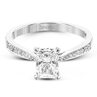 Simon G 18K Bague de fiançailles en diamant taille émeraude avec panier en pavé de diamants