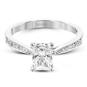 Simon G 18K Bague de fiançailles en diamant taille émeraude avec panier en pavé de diamants