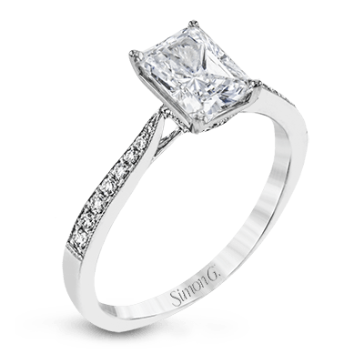 Simon G 18K Bague de fiançailles en diamant taille émeraude avec panier en pavé de diamants
