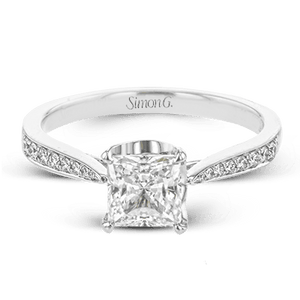 Bague de fiançailles en diamant taille princesse Simon G 18K avec panier en pavé de diamants